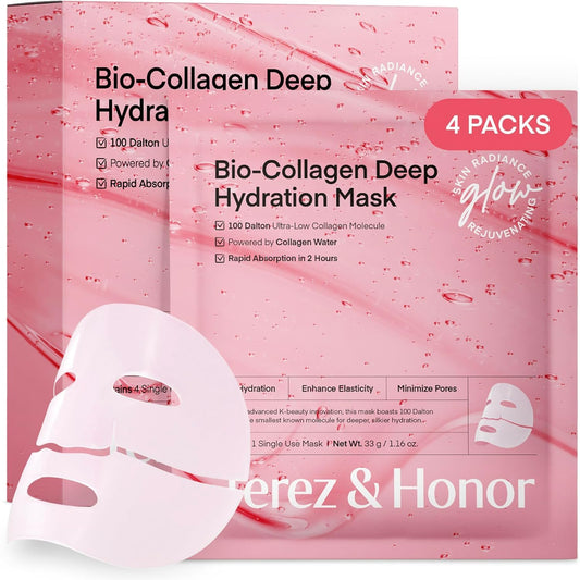 Mascarilla facial coreana de colágeno - 4ea x 33g Korean Real Deep Bio collagen mask - Brillo tipo vidrio, reducción de poros, hidratación profunda, antiarrugas, elasticidad y firmeza, sin fragancia