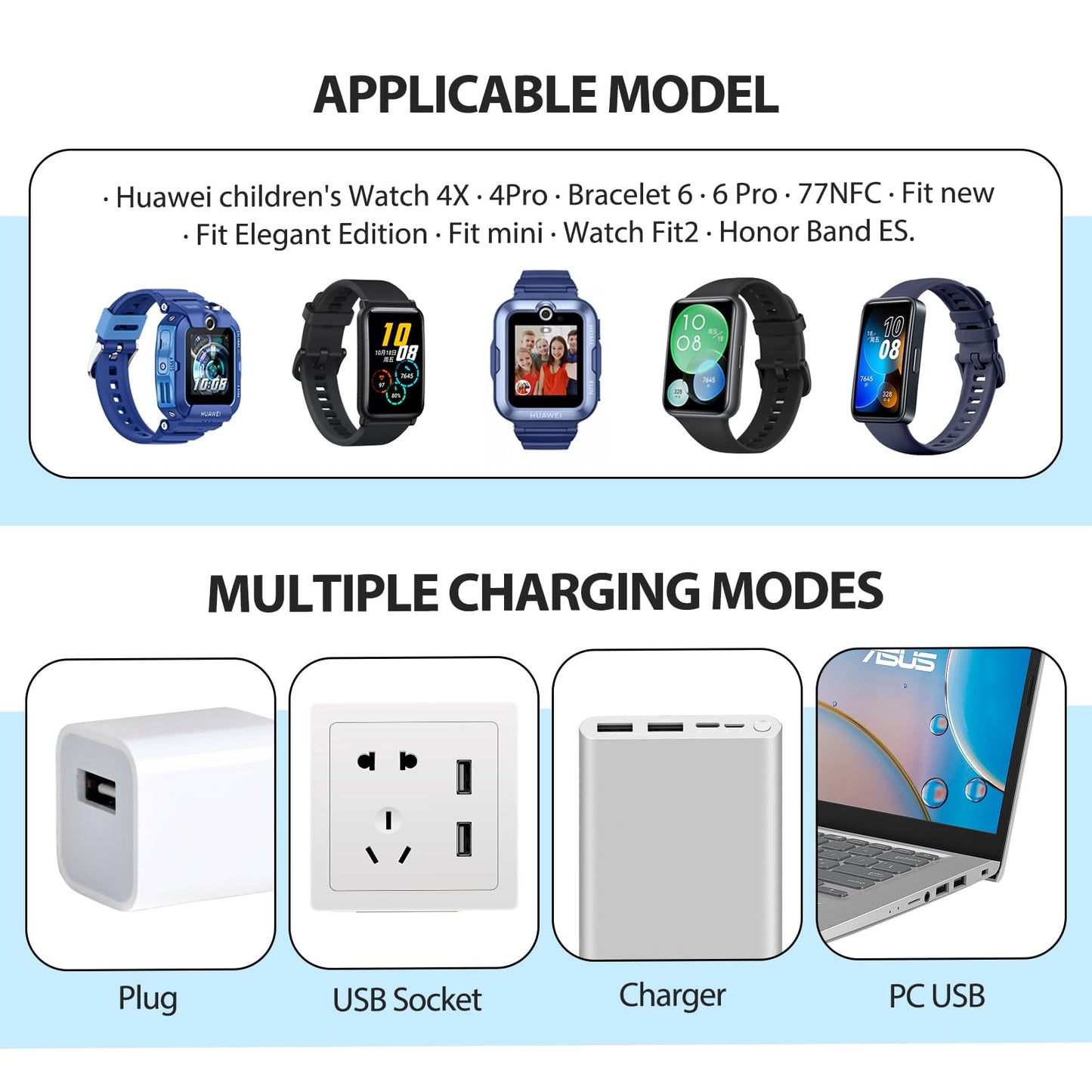 VEWIYT Cable Cargador USB para Huawei Band 10 9 8 7 6 y Huawei Watch Fit 3 2,USB Magnética Cable de Carga para Huawei Watch Kids 4 Pro,Huawei Watch Fit Special Edition,Honor Band 9 7 6-1M