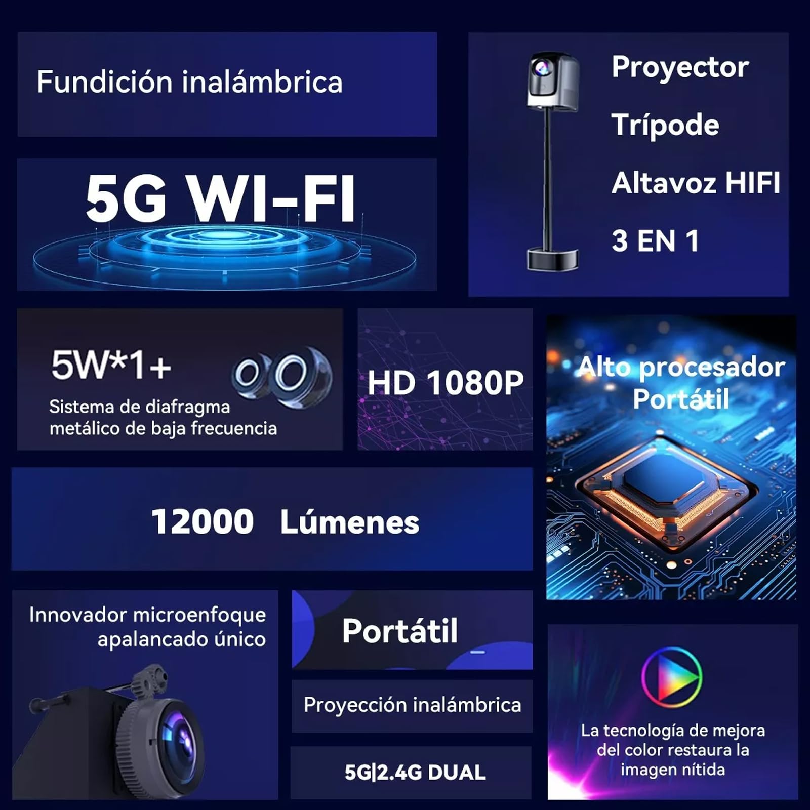 Proyector OCCULO 4K Blanco con WiFi 6 Incorporado y Tripie Retráctil