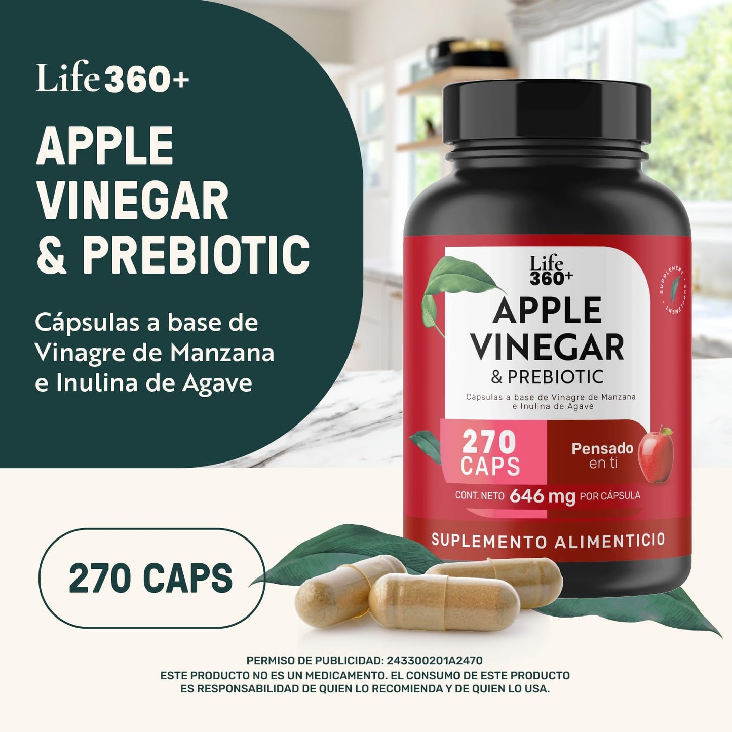 LIFE 360+ Apple Vinegar & Prebiotic | 270 Cápsulas | Vinagre de Manzana, Estearato de Magnesio e Inulina de agave (Prebiótico) | Suplemento Alimenticio en cápsulas | 90 porciones por envase