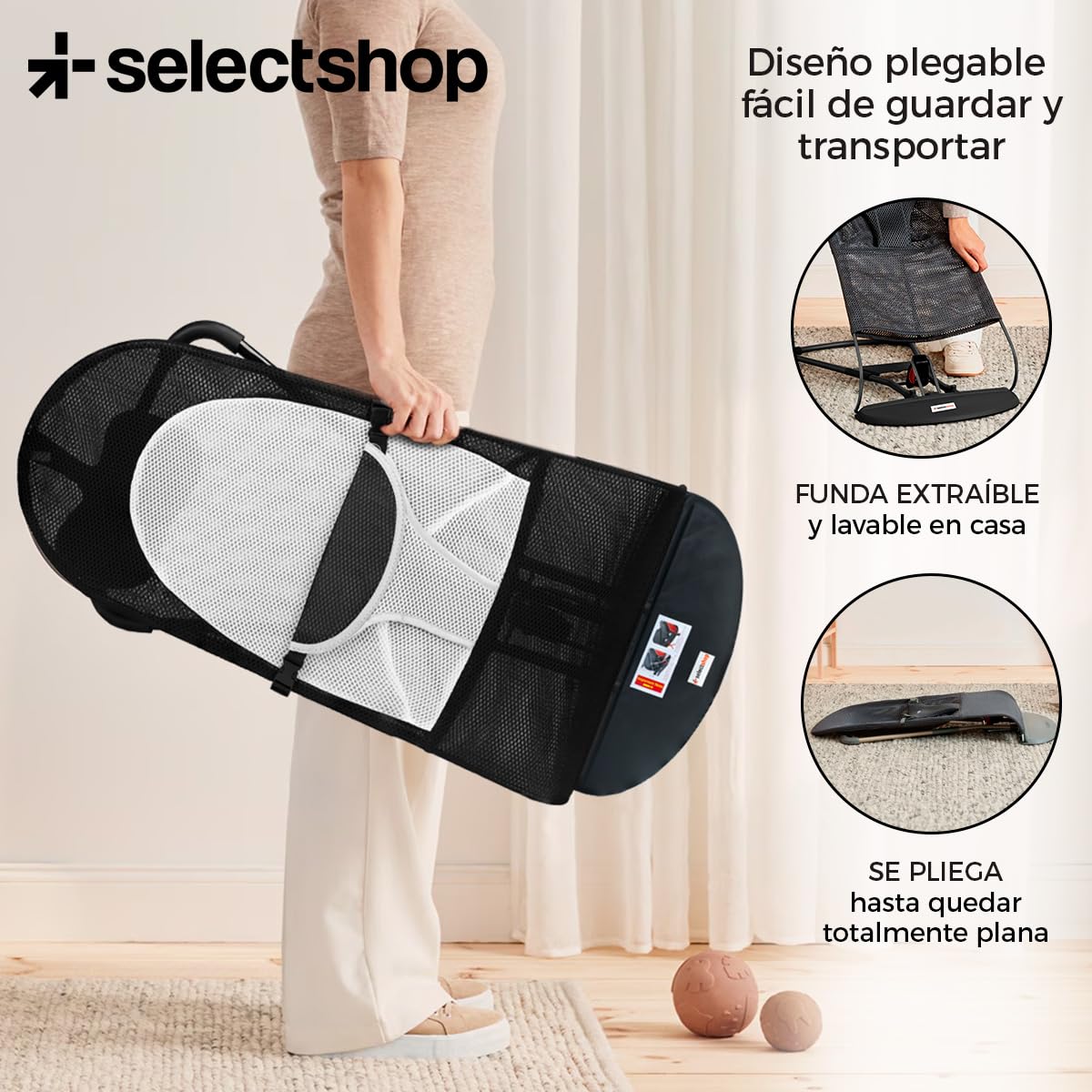 Silla Mecedora SELECTSHOP Negra Portátil de Lujo con Asiento Transpirable y Cómodo para Bebé