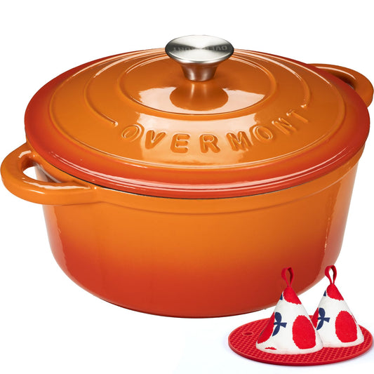 Overmont - Horno holandés de hierro fundido esmaltado, utensilios de cocina de 4,5 cuartos con tapa de algodón resistente al calor, olla esmaltada resistente con tapa para estofados, asar pan y