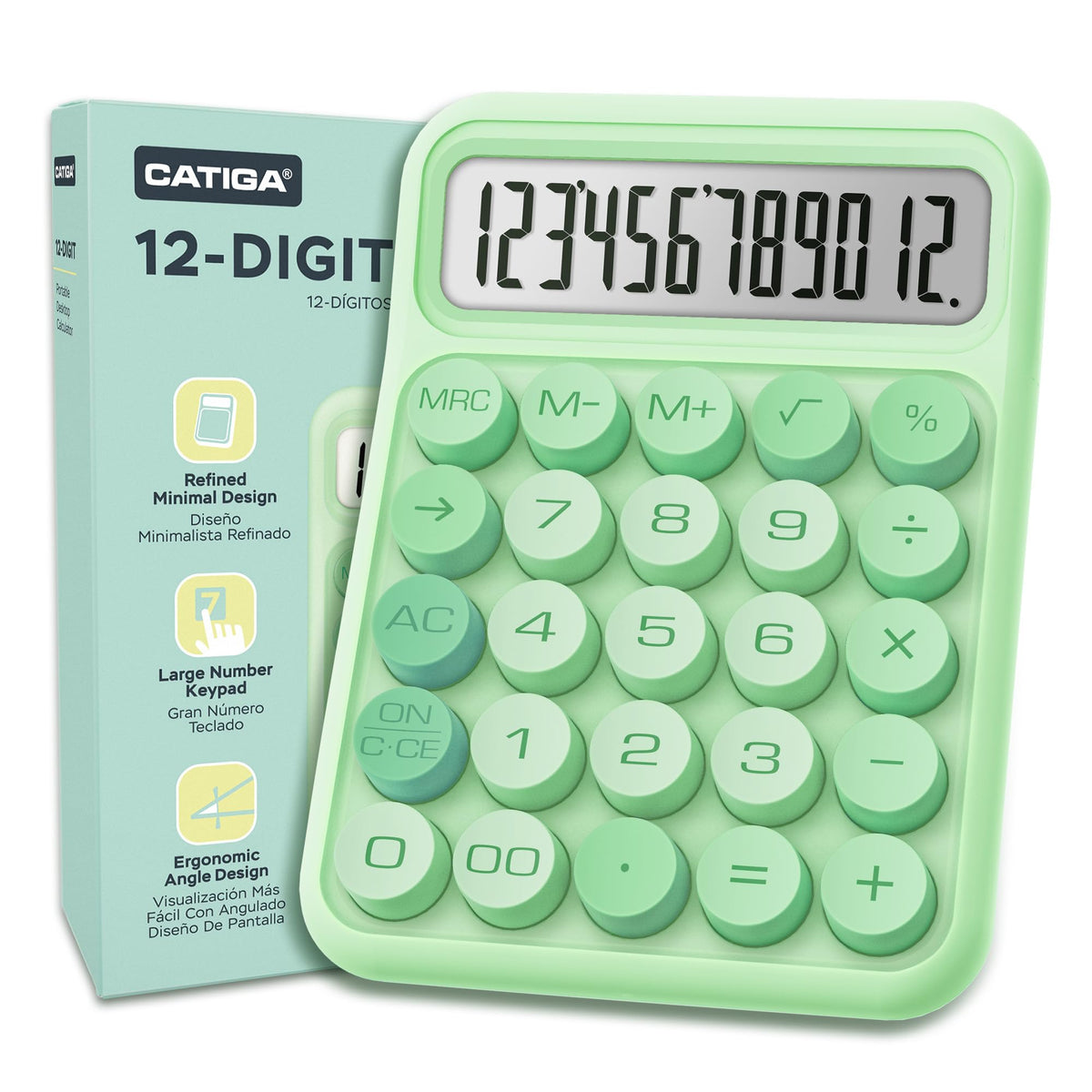 Calculadora CATIGA Verde con Interruptor Mecánico y LCD Grande de 12 Dígitos