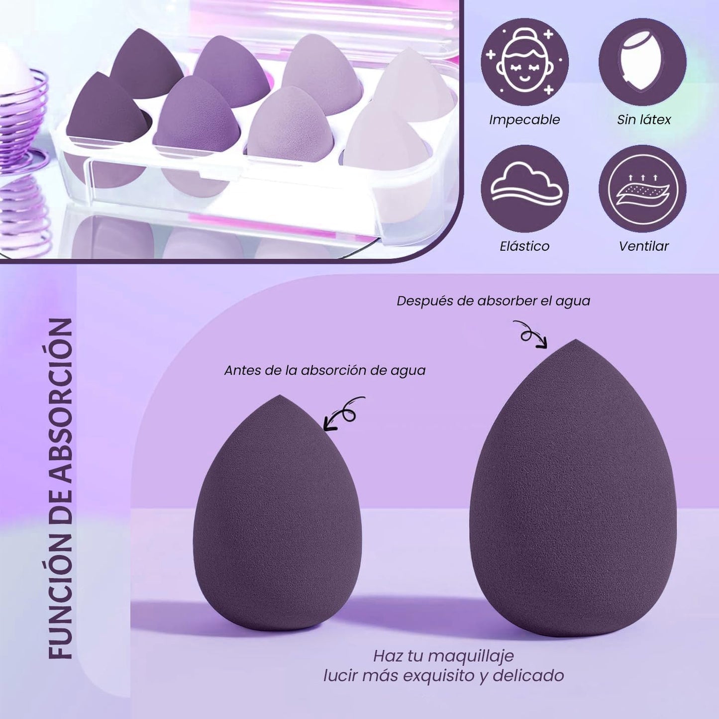 Esponjas de maquillaje: Set de 8 piezas con 3 formas disponibles para uso en maquillaje facial. Ideal para aplicación en seco y húmedo. Beauty Blender para un acabado impecable. ¡Compra ahora en línea!