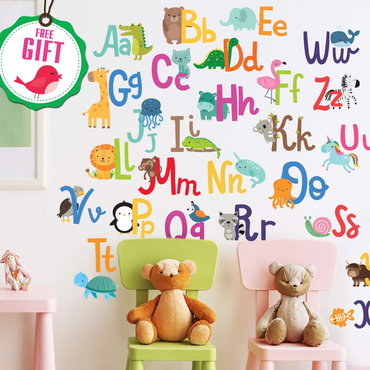 DesignStickers Calcomanías de pared del alfabeto para habitaciones de niños, ABC para niños y niñas, decoración de sala de juegos, calcomanías de pared para habitaciones de niños