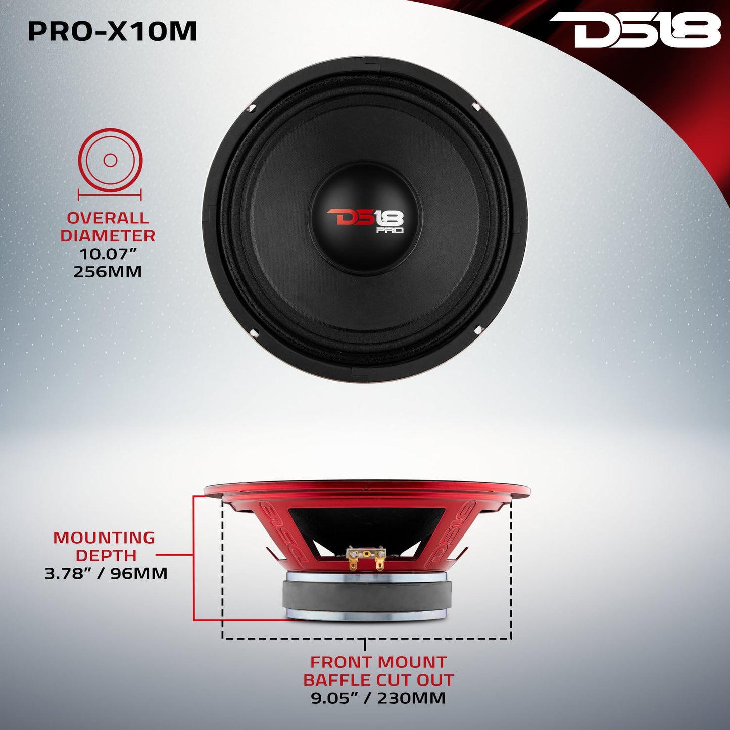 DS18 PRO-X10M Loudspeaker - 10", Midrange, Red Steel Basket, 600W MAX, 300W RMS, 8 Ohms - Premium Quality Audio Door Speakers for Car or Truck Stereo Sound System (1 Speaker)