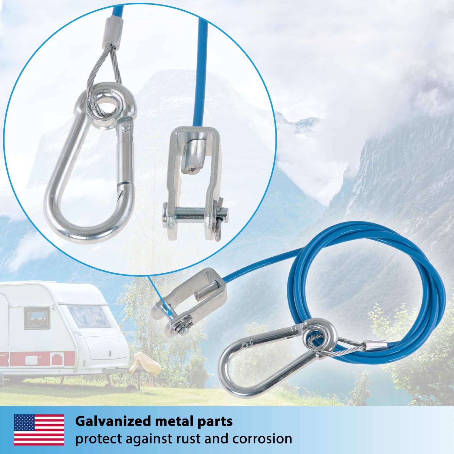 Valonic Cable Breakaway para remolques y caravanas, 1 m, azul, con mosquetón, 250 kg de resistencia a la rotura, cable Breakaway con cabeza de horquilla (grillete), Ripcord, cable Breakaway