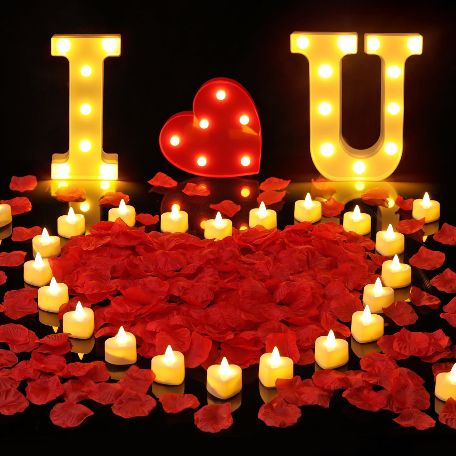 LAMATY Juego de letreros B- I LOVE U 1027 piezas con 3 letras LED, 24 velas LED, 1000 pétalos de rosa artificiales, decoración romántica