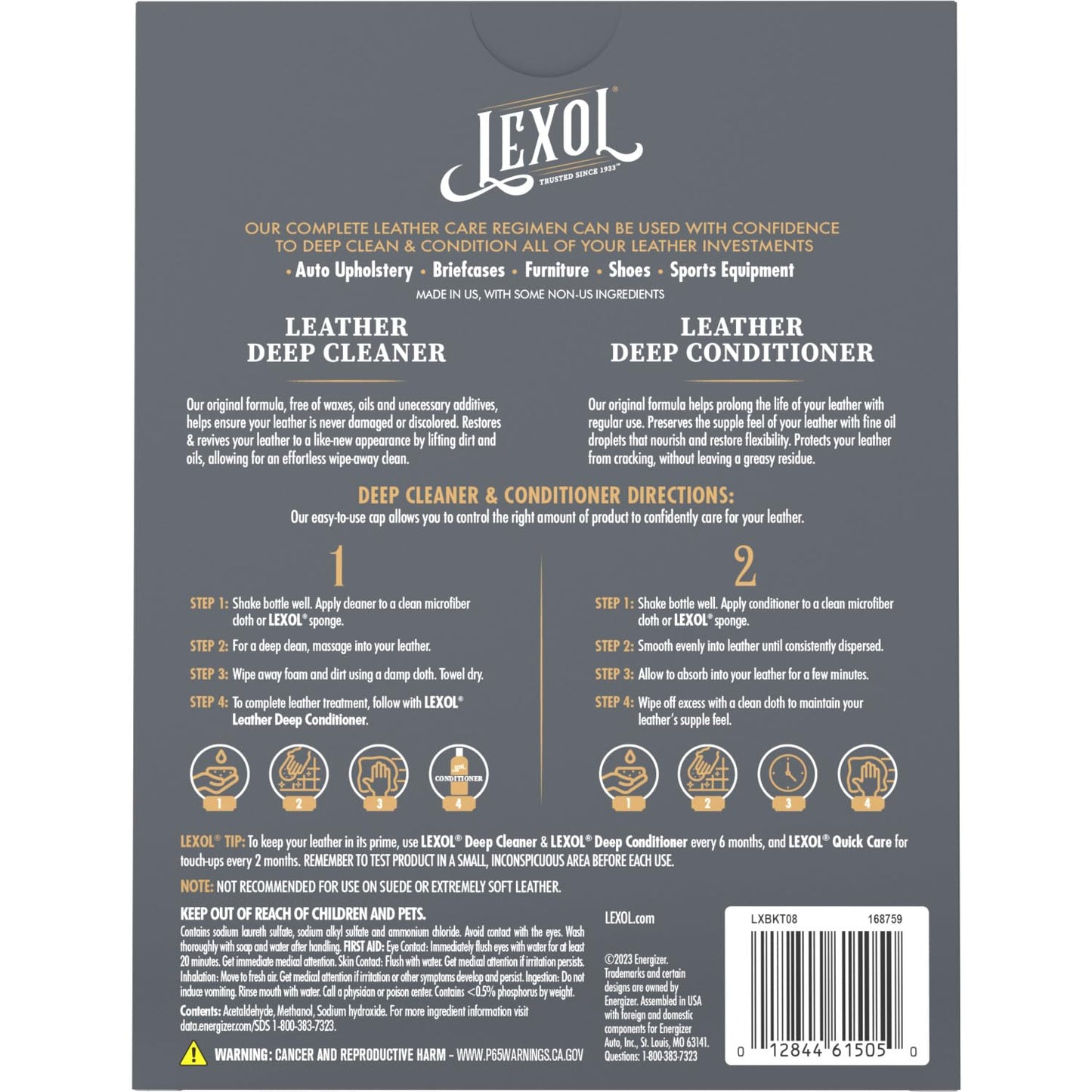 Lexol All Kit Limpiador y acondicionador de Piel para Asientos de Coche e Interiores, camillas y Muebles, Zapatos y Botas, Guantes de béisbol y sillas de Caballo, Dos Botellas de 16.9 onzas y Dos