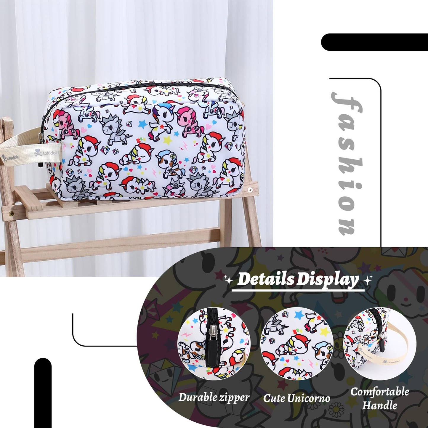 Tokidoki Unicorno Bolsa de maquillaje de viaje para mujer, bonita bolsa de cosméticos de gran capacidad, bolsa de artículos de cambiador portátil de dibujos animados para viajes, trabajo, oficina