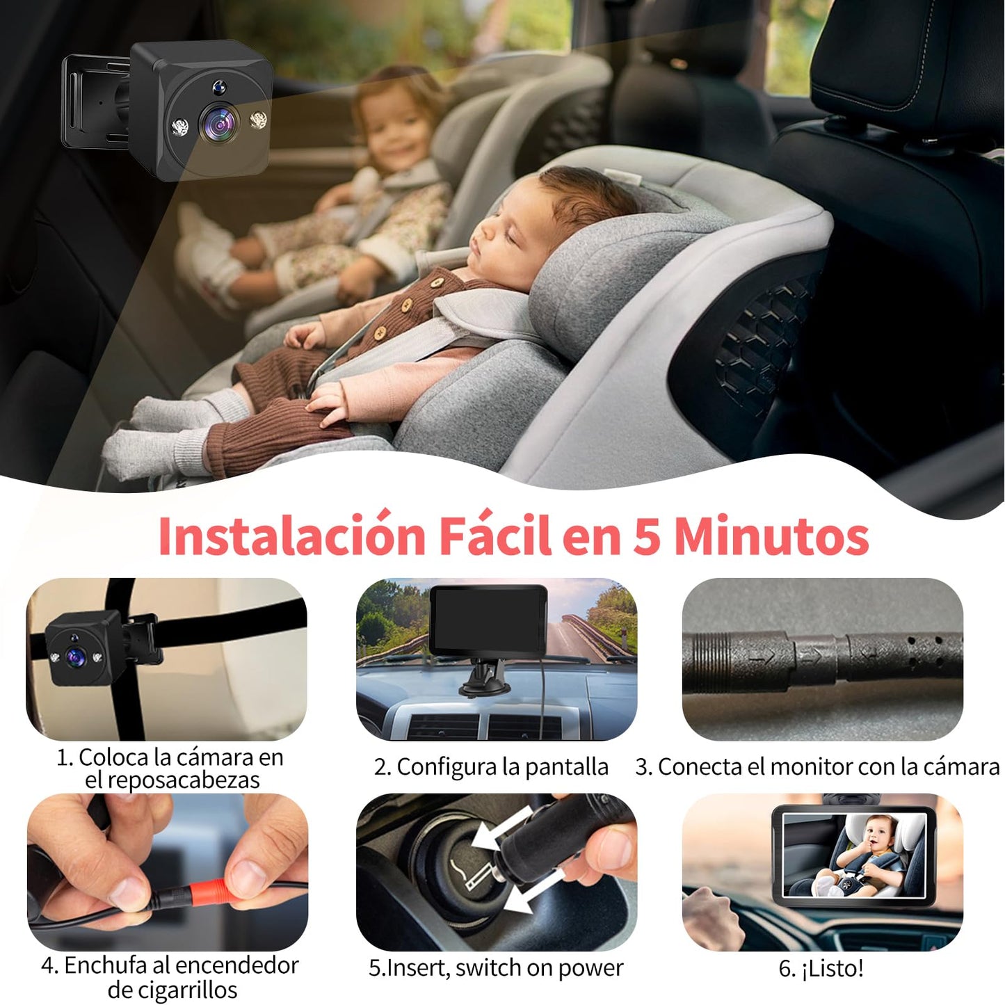 Muja Cámara Coche Bebé Asiento Trasero, Pantalla HD de 7 Pulgadas 1080p, El Coche con 2 Cámaras Giratorias de 360°, Lente Gran Angular de 150°, Visión Nocturna, Garantizar la Seguridad del Bebé