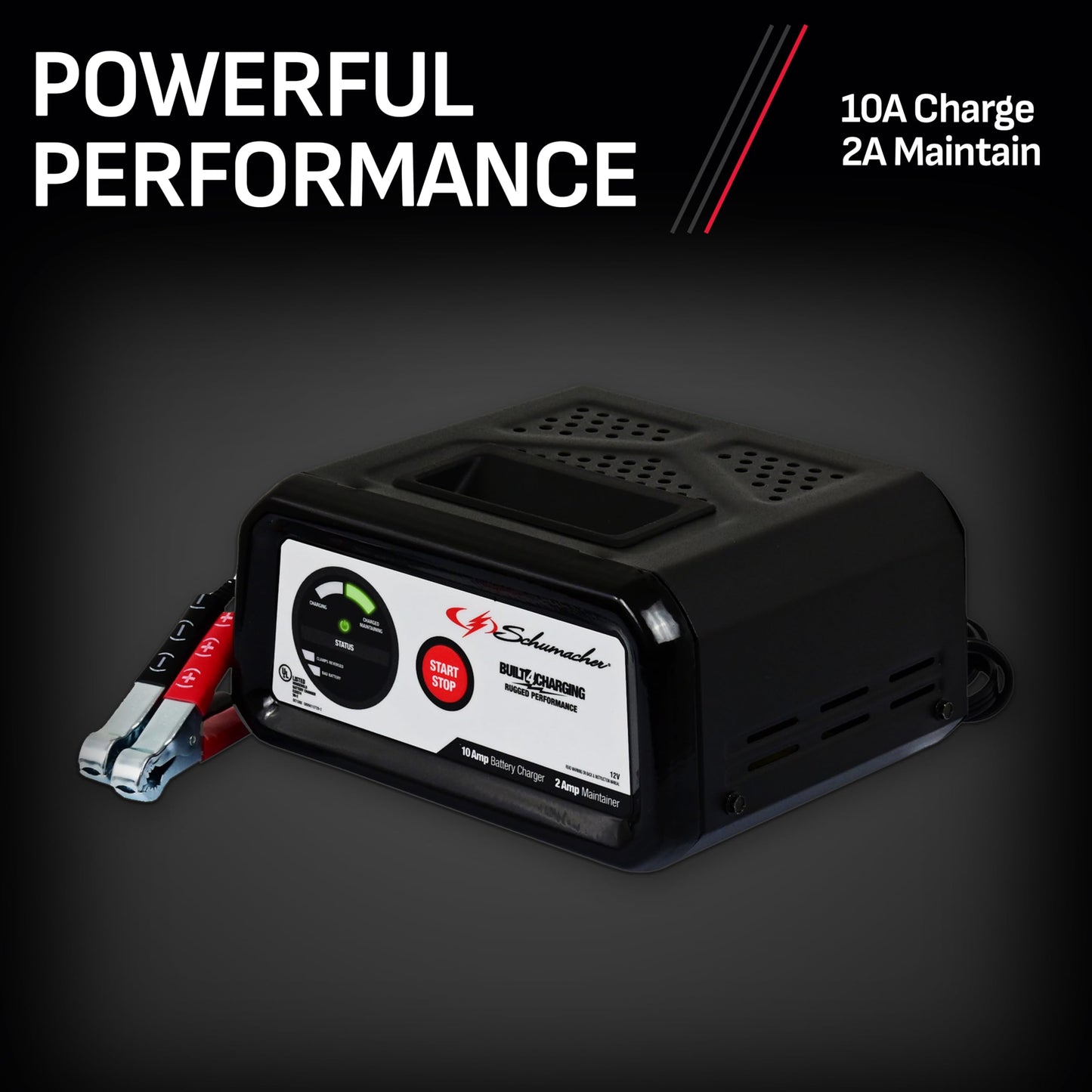 Schumacher Electric SC1282 Cargador de batería y mantenedor completamente automático para motocicletas, deportes de potencia, tractores de césped, coches, SUV y barcos, 10 amperios, 12 voltios, negro,