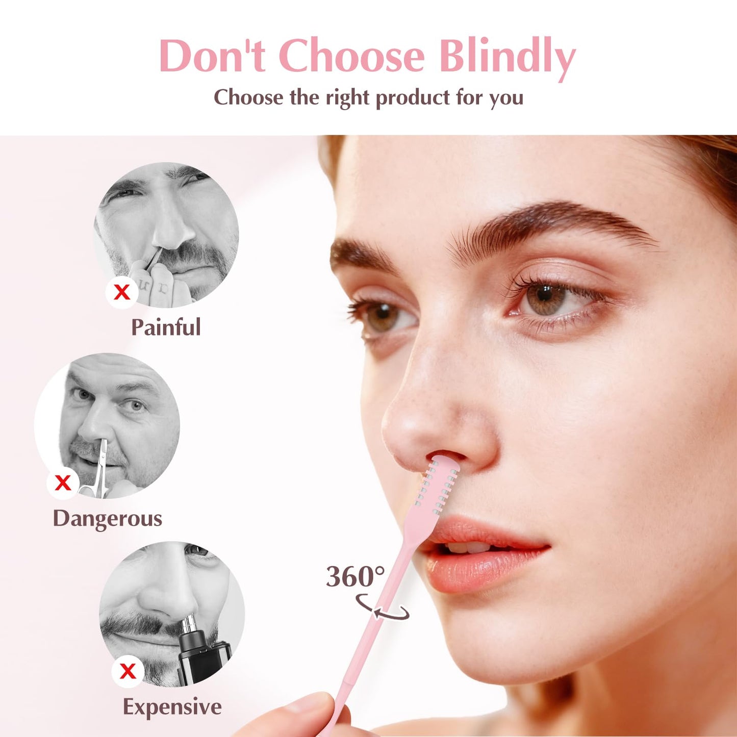 FLATRI - Cortador de pelo nasal 2 en 1, con rotación de 360°, doble cara, manual de recortadora de nariz portátil para mujeres y hombres (rosa)