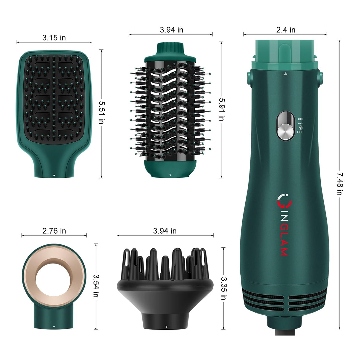 Cepillo Secador de Pelo IG INGLAM Titanio Ovalado con Difusor Iónico y Volumizador 4 en 1 Desmontable