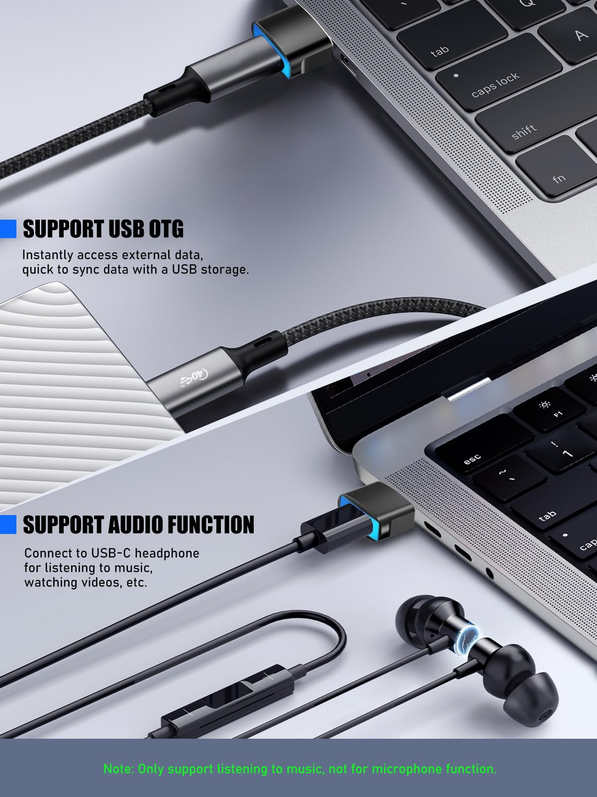 Adaptador USB a USB C TiMOVO Negro con Luz LED Carga Rápida