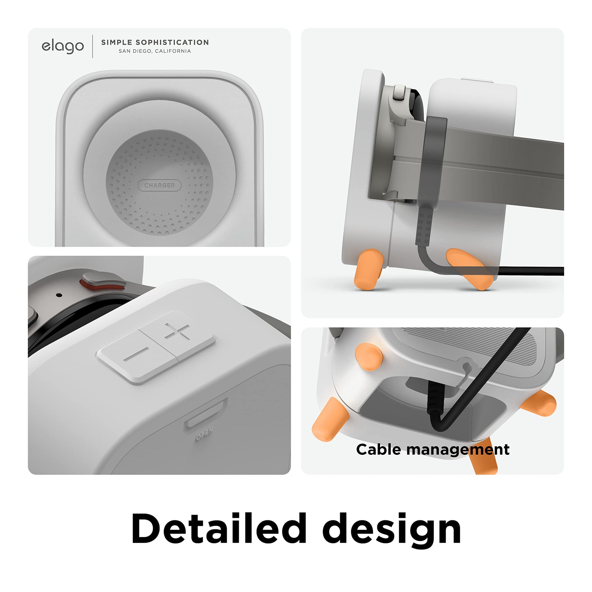 elago GWT5 Soporte de Carga Compatible con Samsung Galaxy Watch 8/8 Classic,7/Ultra,6/6 Classic,5/5 Pro [40/43/44/45/47mm], Diseño de Altavoz Clásico, Modo Nocturno [Cable No Incluido] (Gris Claro)