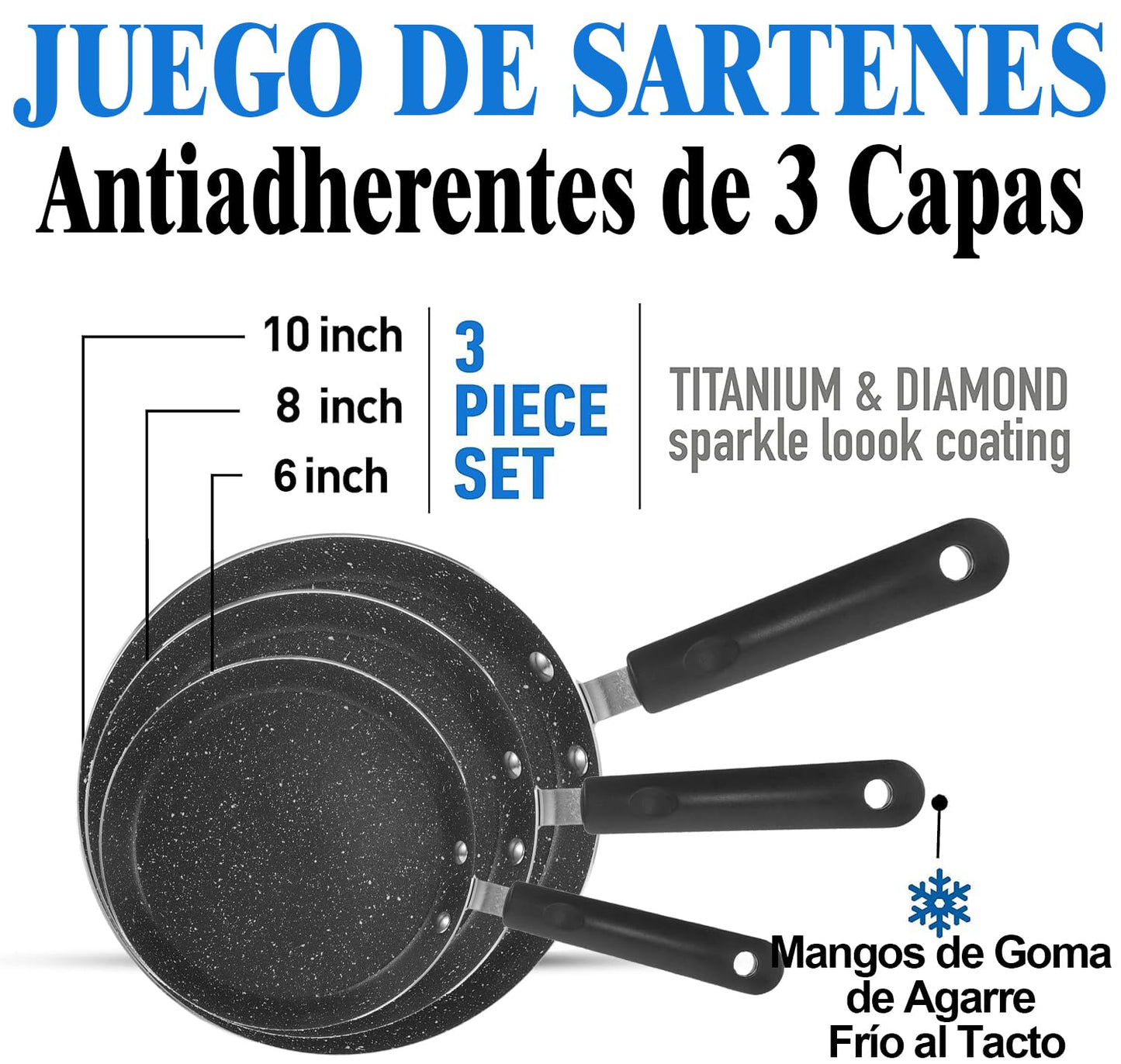 Lumewave Juego de Sartenes para Huevos, 6", 8" y 10", Set de 3 Sartenes Antiadherentes para Crepas, Tortillas, Omelets, Pancakes, Compatible con Estufas de Gas e Inducción