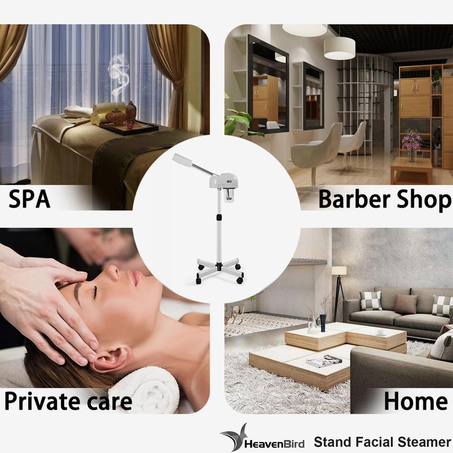 Vaporizador facial de ozono profesional con soporte, control táctil, altura ajustable y base rodante, boquilla giratoria de 360°, función de niebla caliente, uso para el hogar, salón de spa (blanco)