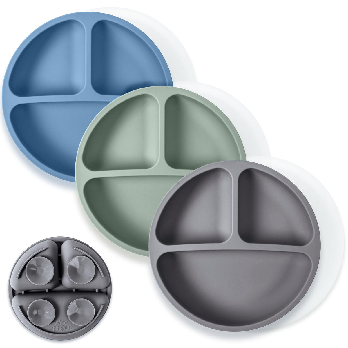 WeeSprout - Plato de vajilla de plástico con ventosa 100% silicona con tapas para bebés y niños pequeños, diseño dividido, apto para microondas y lavavajillas, paquete de 3 (azul mate, rosa y blanco