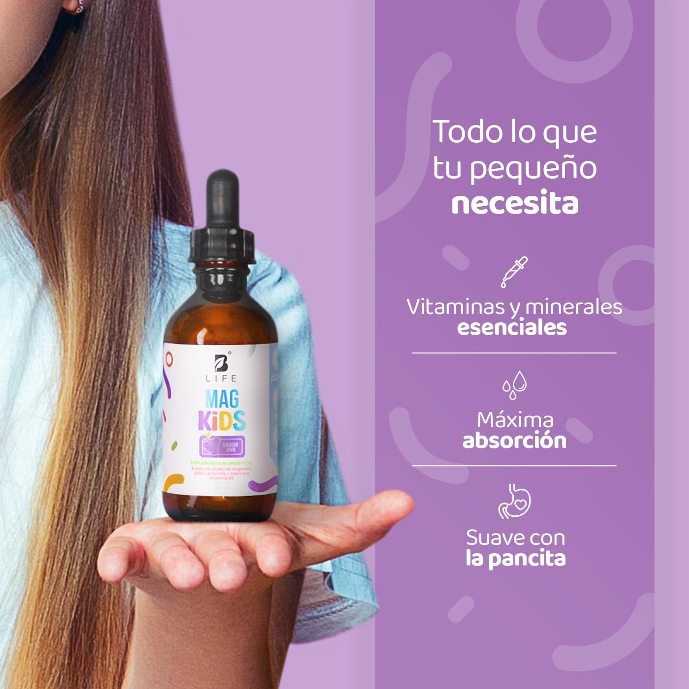 Citrato de Magnesio de 60 ml. 2 meses de consumo. Adicionado con Teanina, Vitamina B1 y Gaba para niños. Sabor Uva. Kids Mag. B Life.