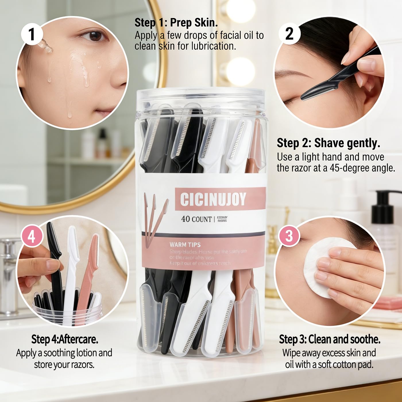 CICINUJOY Maquinilla de afeitar para cejas para mujer, 40 unidades, kit de afeitado facial, herramienta de dermaplaning para eliminar el vello facial, cuchillas de acero inoxidable con fundas protecto