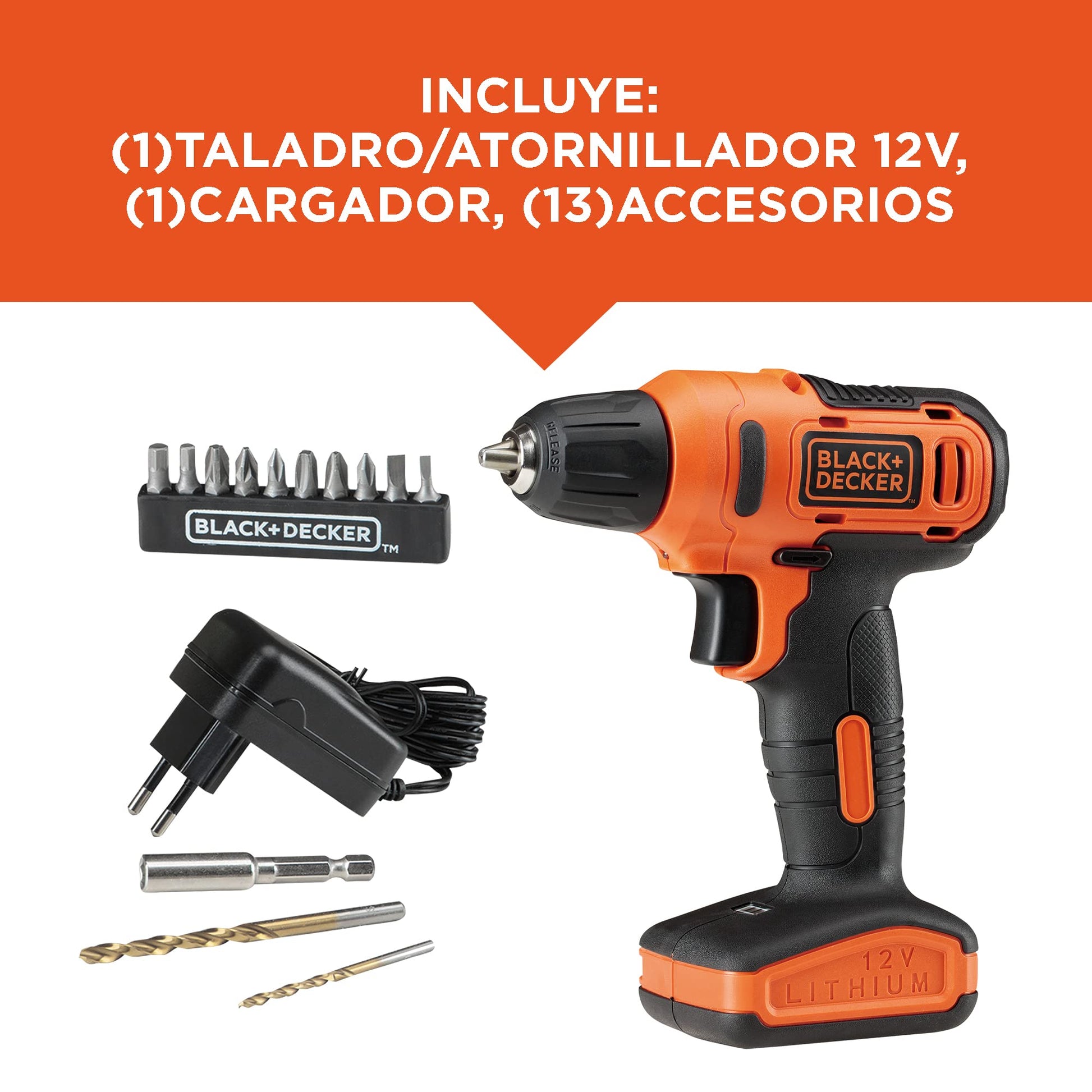 BLACK+DECKER Taladro Atornillador 3/8" (10mm), 12V, Incluye Cargador y 13 Accesorios, LD12S