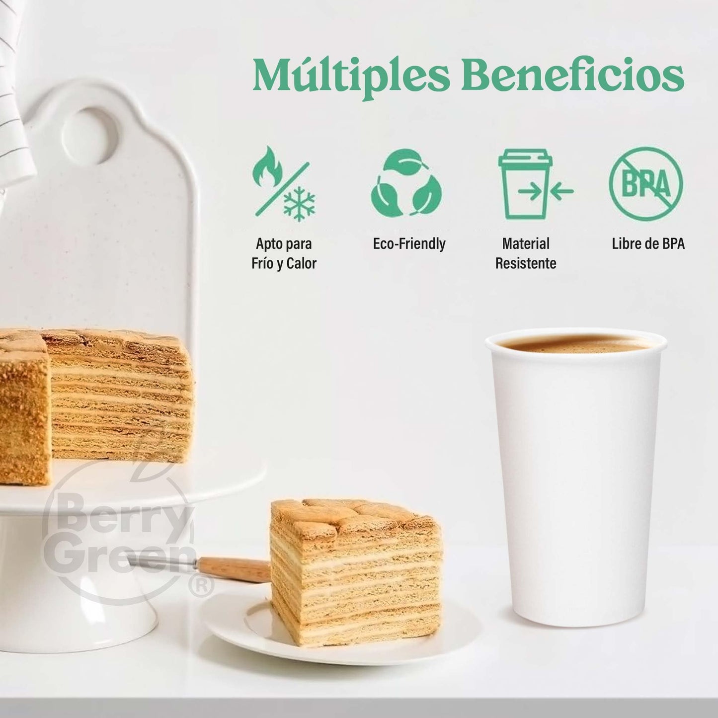 Berry Green Vasos Blancos para Café, Paquete de 120 Vasos, Resistentes, Perfectaos Para Cafe, Te y Todo Tipo de Bebidas Calientes, Biodegradables y Faciles de Apilar (16 Onzas)