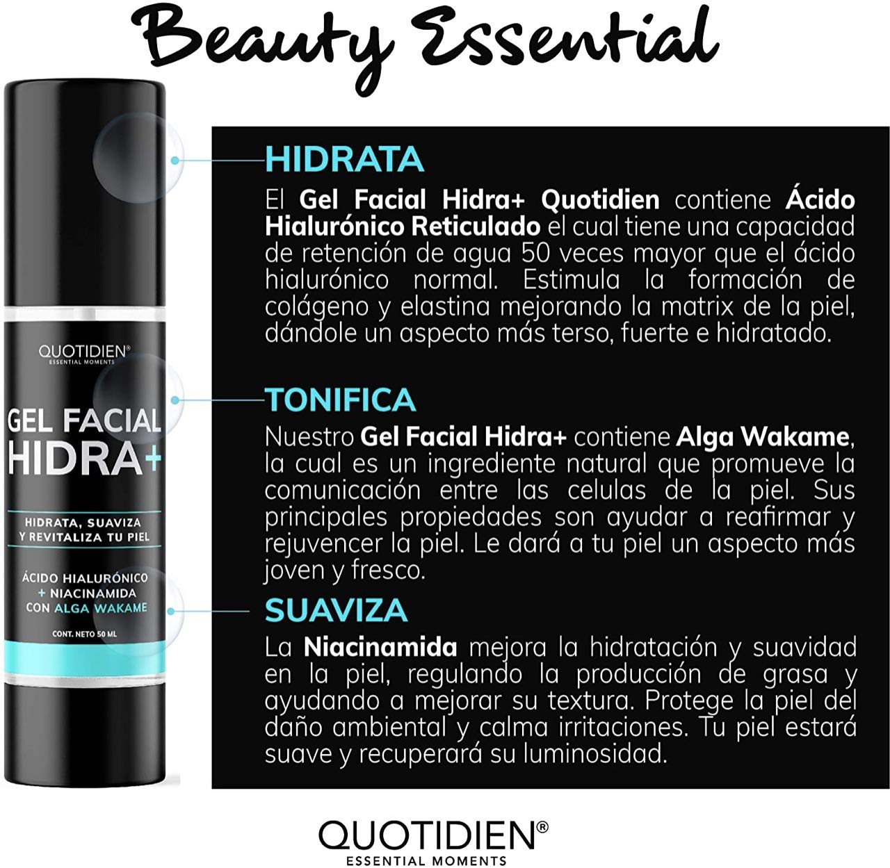Gel Hidratante Facial con Ácido Hialurónico + Niacinamida + Alga Wakame | 97% Ingredientes Naturales | Hidratación Extrema | Suavidad | Aumenta la Luminosidad Natural de tu Piel | Oil-Free | Ideal Para Todo Tipo de Piel | Crema Hidratante facial de rápida