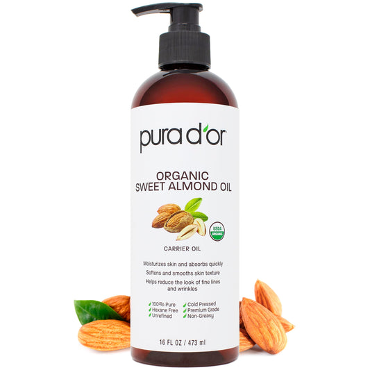 PURA D'OR Organic Sweet Almond Oil (16oz) USDA Certified 100% Pure & Natural Carrier Oil - Hexane Free - Skin & Face - Facial Polish, Full Body, Massages, DIY Base (Packaging may vary)