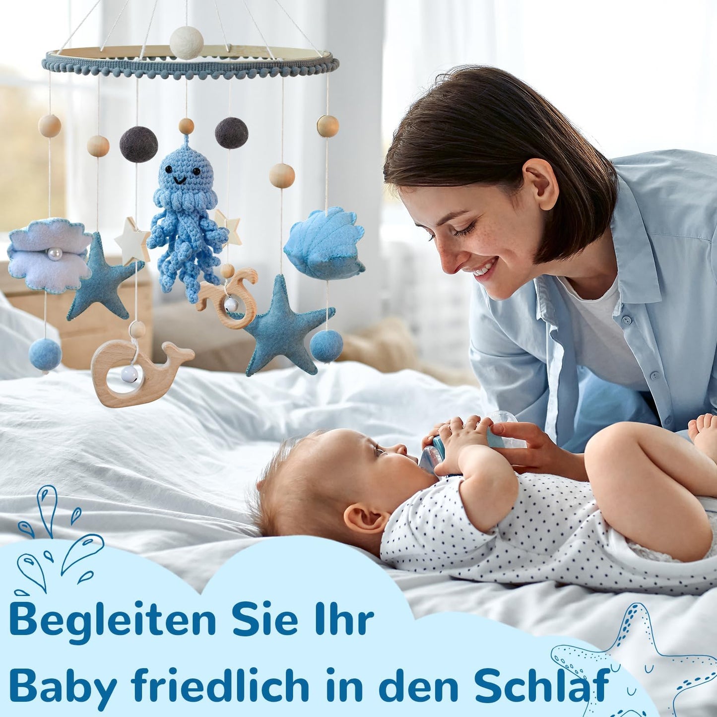 Móvil para cuna de bebé para niñas y niños, con temática oceánica para cuna, fieltro de ganchillo, pulpo, ballena, estrella de mar, guardería móvil para moisés, decoración de guardería