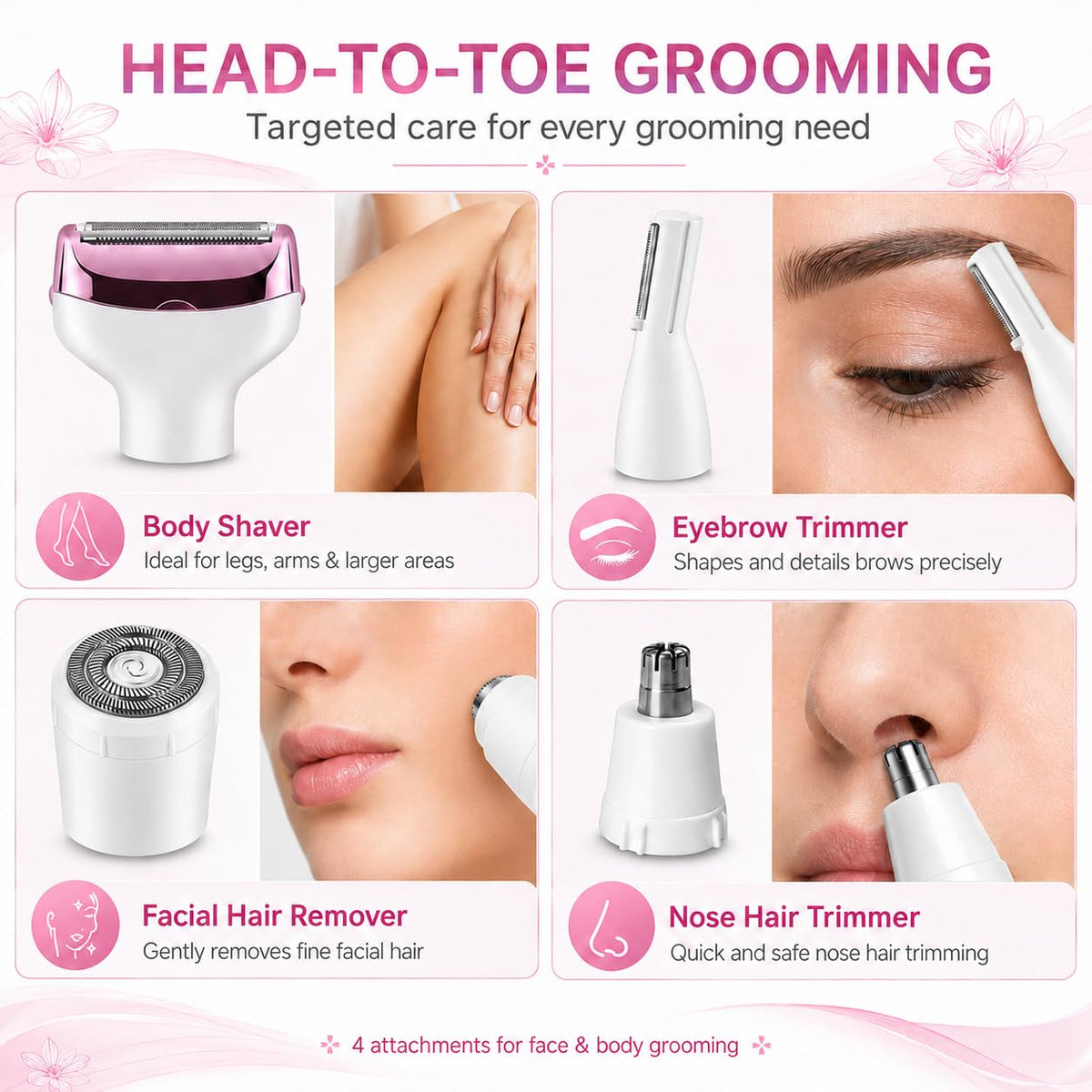 KEMEI 7114 - Maquinilla de afeitar eléctrica para mujer, 4 en 1, removedor de pelo indoloro para cara, cejas, nariz y bikini, recargable en húmedo y seco, color rosa