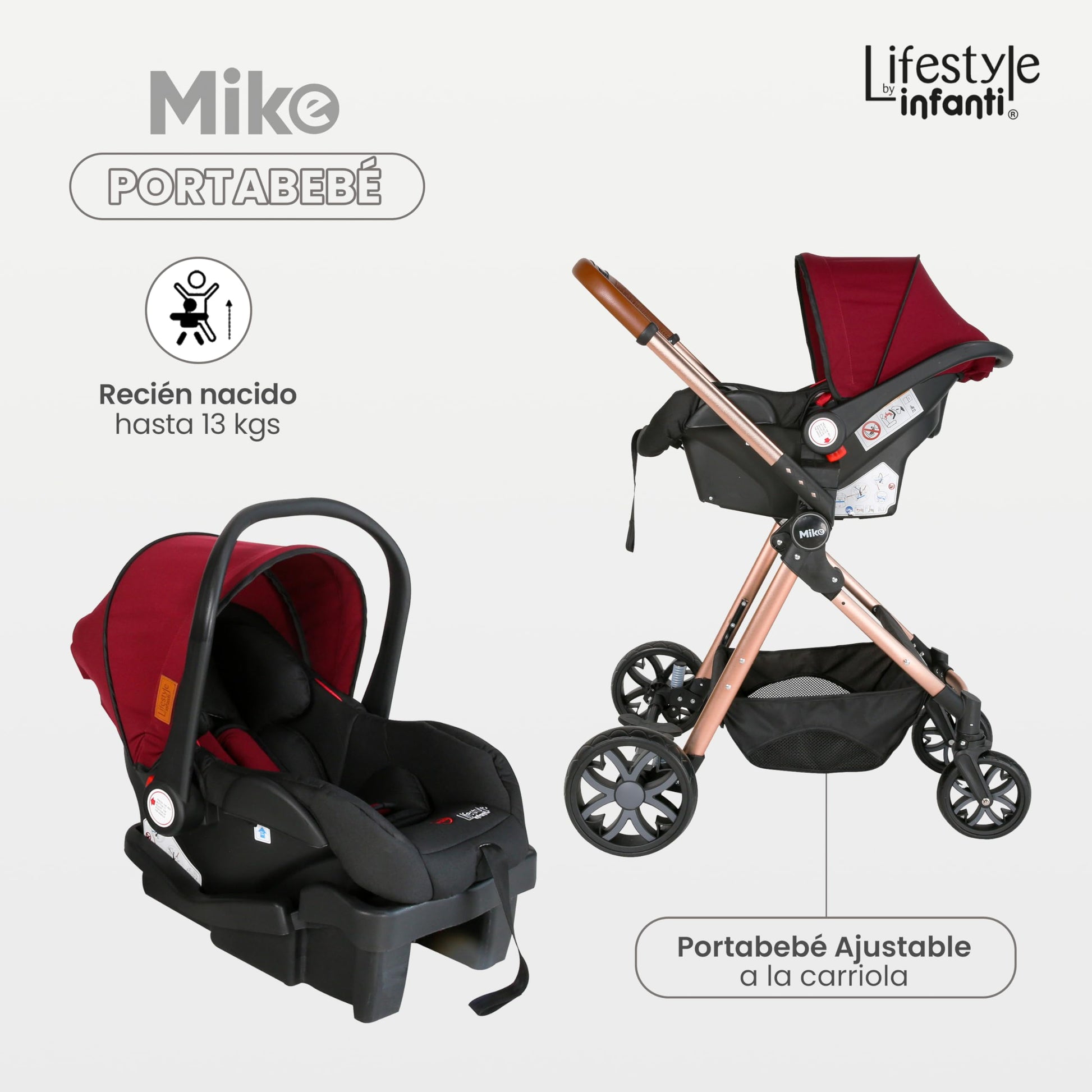 INFANTI | Carriola para Bebe MIKE Vino | Carreola con Portabebé - Carriola de Viaje Plegable - Carrito para Bebe Travel System con Asiento Reversible | Cosas para Bebes Recien Nacidos hasta 15 kg