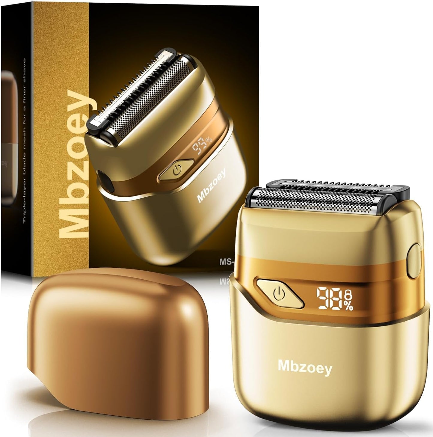 Afeitadoras eléctricas de lámina para hombres, mini maquinilla de afeitar eléctrica, afeitadora compacta IPX7, impermeable, para secar en húmedo, pantalla LED, USB-C, apto para viajar, dorado claro