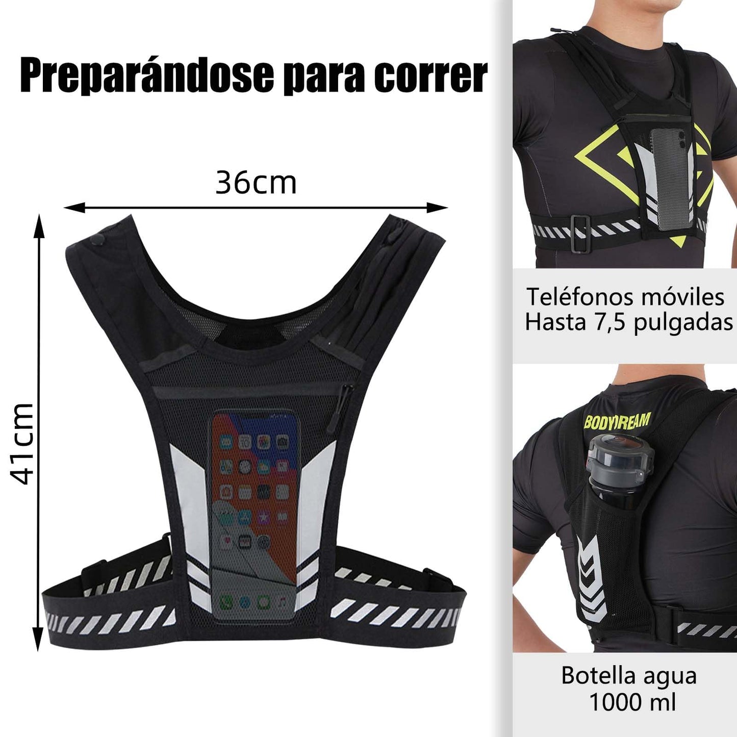 Chaleco para Correr con Bolsillo, Gran Capacidad para Botella de Agua, Teléfono, Llaves y Auriculares, Diseño de Banda Reflectante, Ligero y Transpirable para Correr, Ciclismo, Gimnasio.