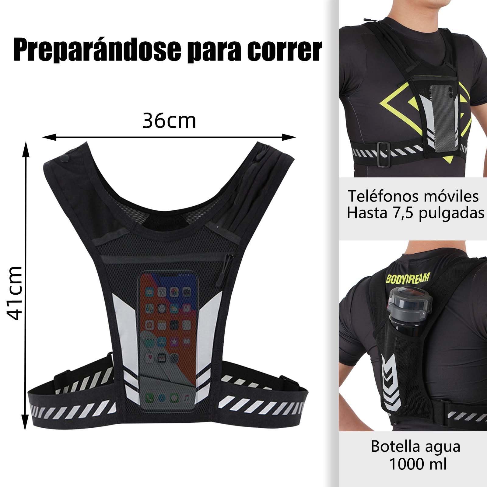Chaleco para Correr con Bolsillo, Gran Capacidad para Botella de Agua, Teléfono, Llaves y Auriculares, Diseño de Banda Reflectante, Ligero y Transpirable para Correr, Ciclismo, Gimnasio.