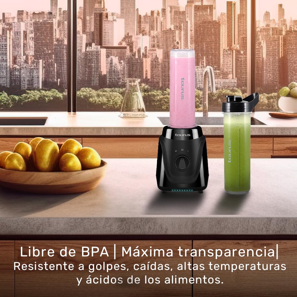 Licuadora Personal Taurus Transparente con 2 Botellas Tritan y Cuchillas Desmontables Sin BPA
