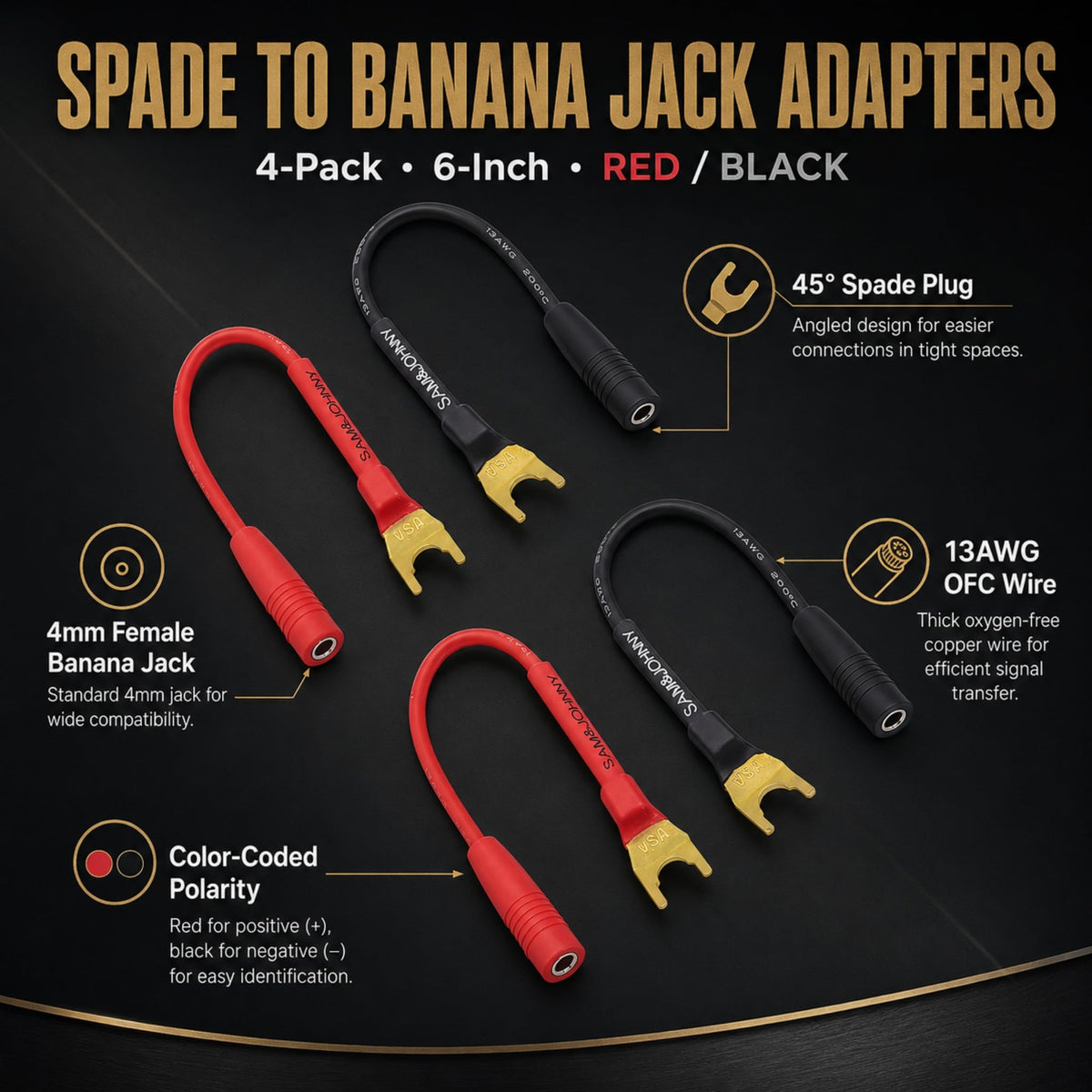 Conectores de Pala Sam&Johnny Dorados a Cable de Altavoz 4 mm con Construcción Soldada Paquete de 4 Unidades