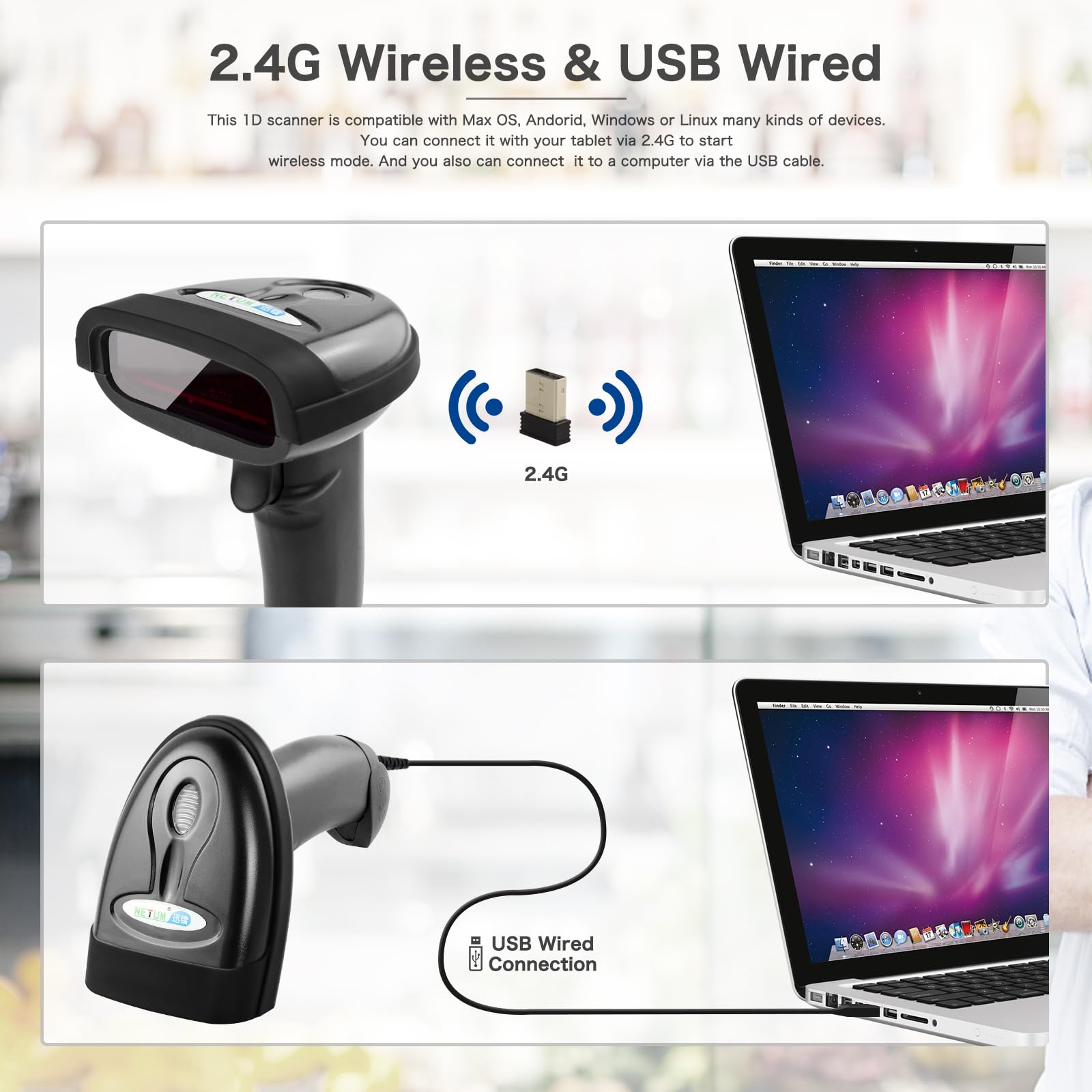 Escáner de Código de Barras NETUM Negro Inalámbrico y con Cable USB 2 en 1 Recargable