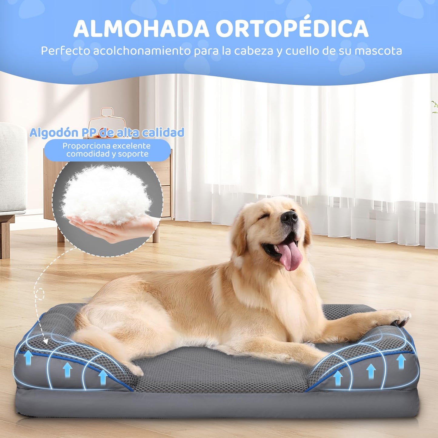 Cama Ortopédica para Perro Mediano wishkit Gris con Fondo Antideslizante y Bordes Acolchados