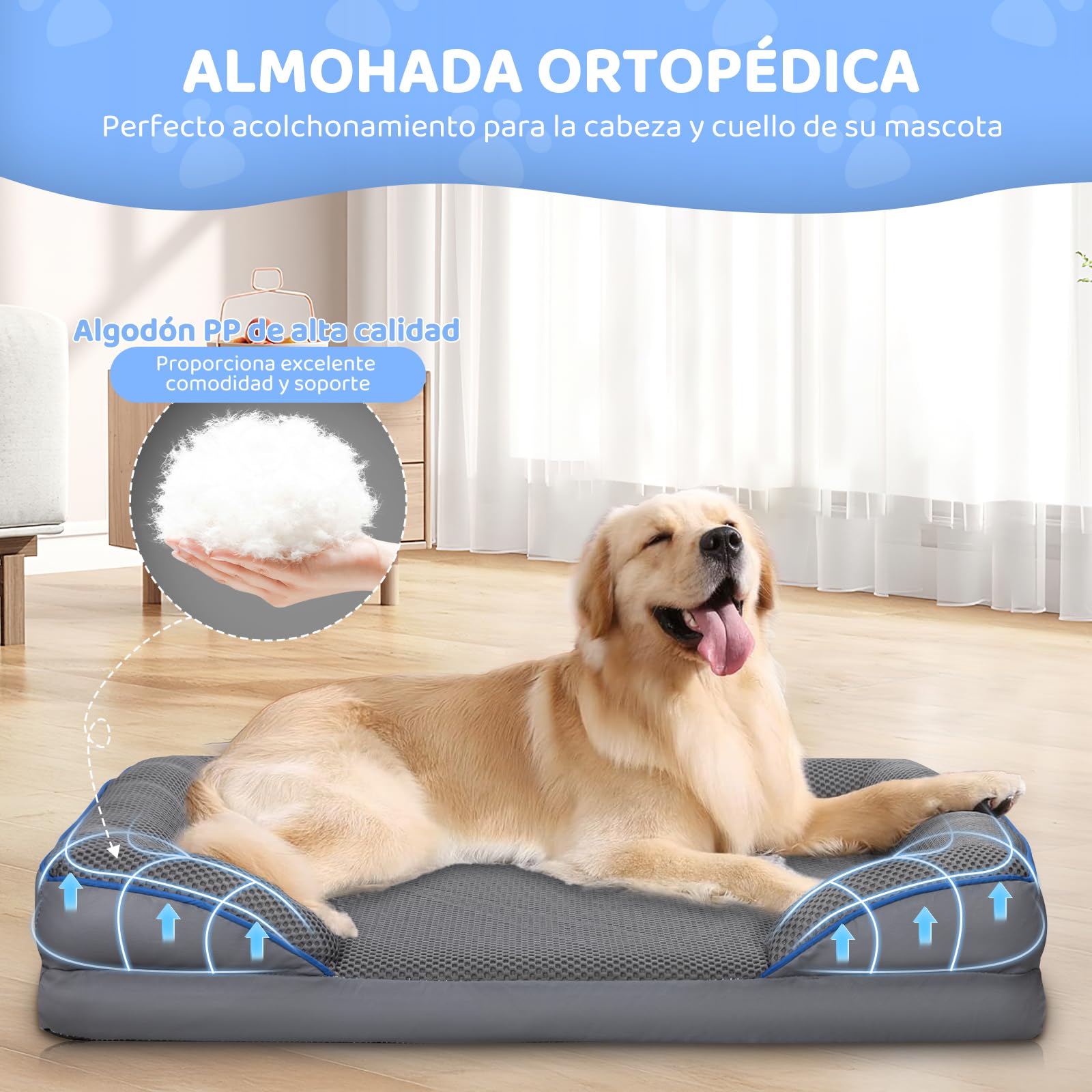 Cama Ortopédica para Perro Mediano wishkit Gris con Fondo Antideslizante y Bordes Acolchados