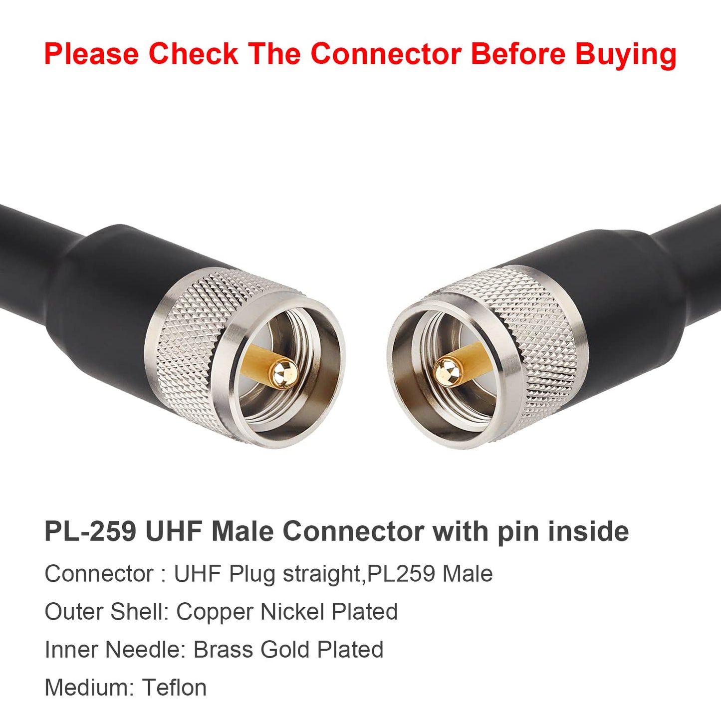 XRDS -RF PL-259 UHF CB Cable coaxial de 35 pies, 50 ohmios KMR400 PL-259 UHF macho a UHF macho Cable coaxial de baja pérdida para radio HAM y CB, analizador de antena, carga ficticia, antena AIS, medidor SWR