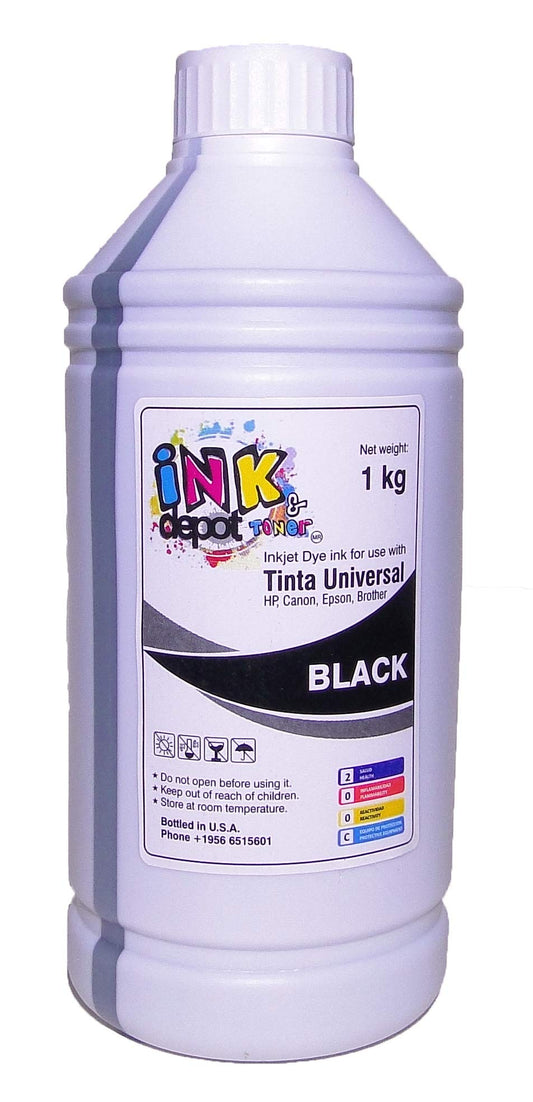 Ink Depot Litro de Tinta Premium Universal Marca, Dye Compatible con EPSON, HP, Canon, Brother (Negro)
