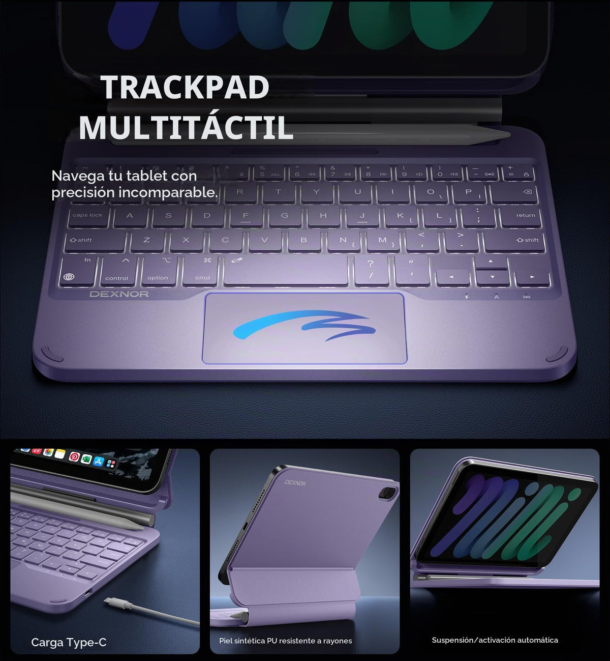 Funda Teclado Dexnor para iPad mini 7 A17 Pro Mini 6 Negro con Soporte Magnético Flotante y Trackpad
