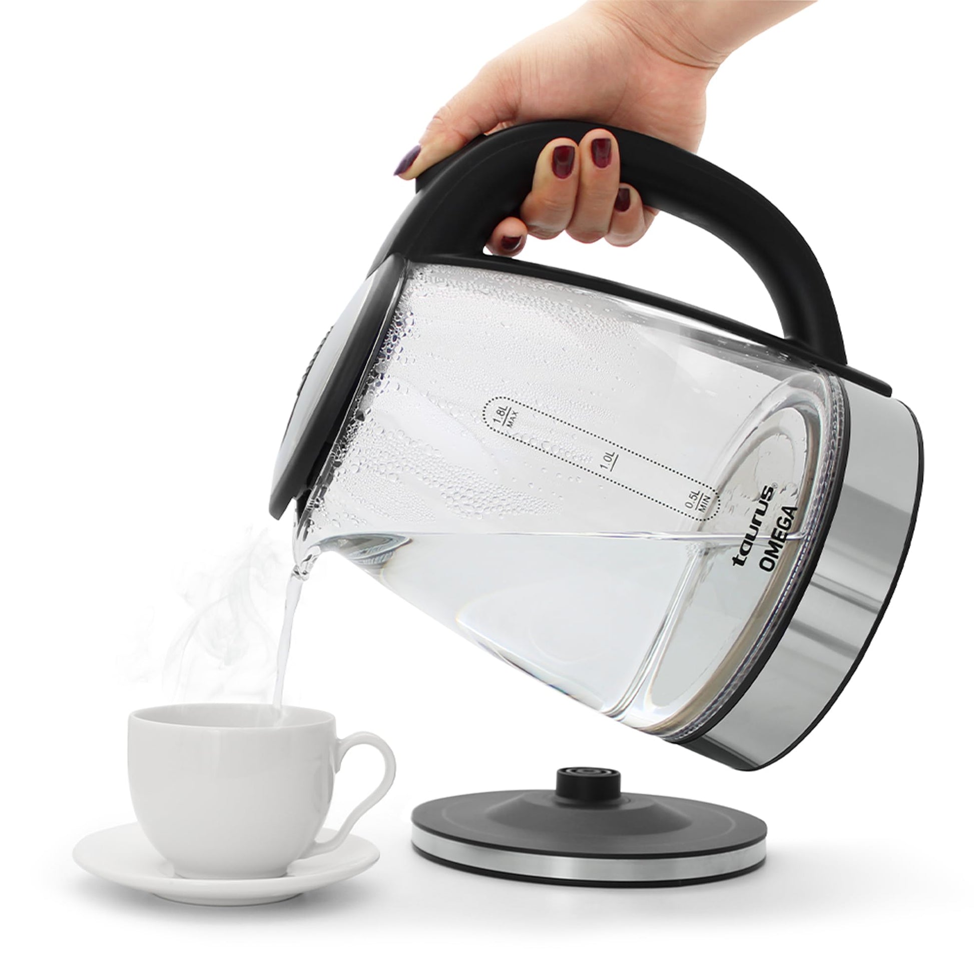 Tetera Eléctrica Taurus Omega Cristal Luz led Jarra Inalámbrica 1,8 Litros Base Removible