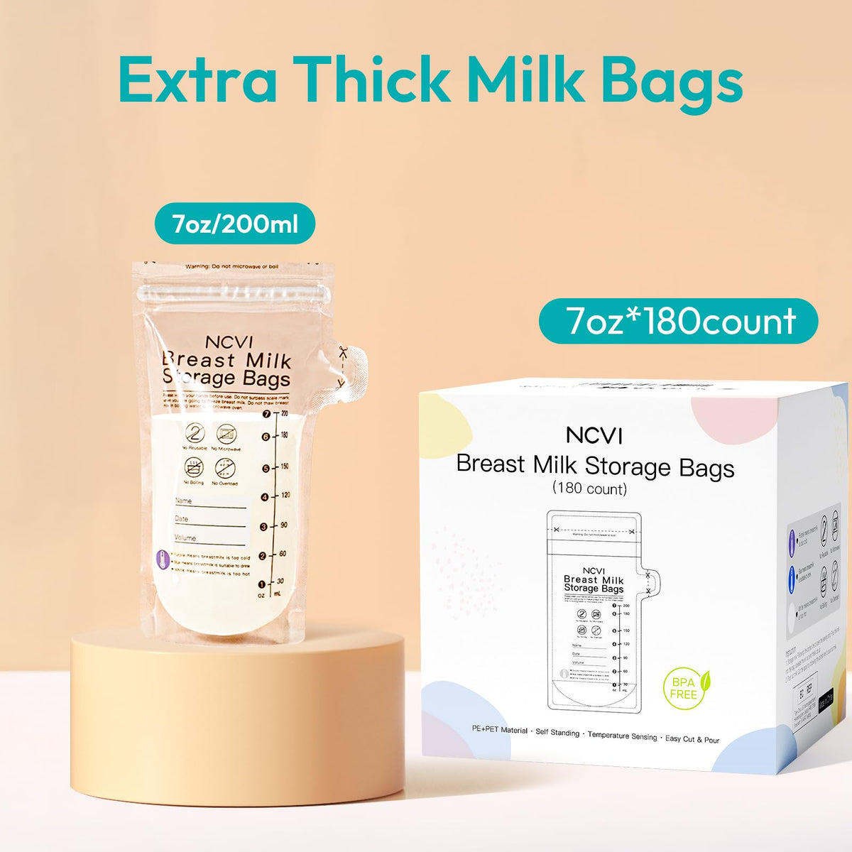 NCVI Bolsas de almacenamiento de leche materna, bolsas de almacenamiento de leche de 180 unidades para lactancia materna, bolsas de almacenamiento de congelador de leche materna de 7 onzas con sensor de temperatura, pre-Sterilizadas, autónomas, boquilla d