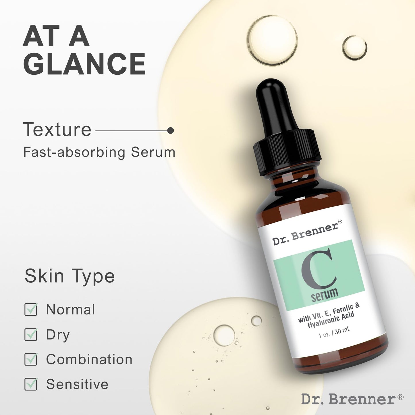 Dr. Brenner Suero de vitamina C 20% puro ácido L-ascórbico, ácido ferúlico, vitamina E y ácido hialurónico para cara y ojos, natural, antienvejecimiento, antiarrugas, 1 onza. por Dr. Brenner (1 onza)