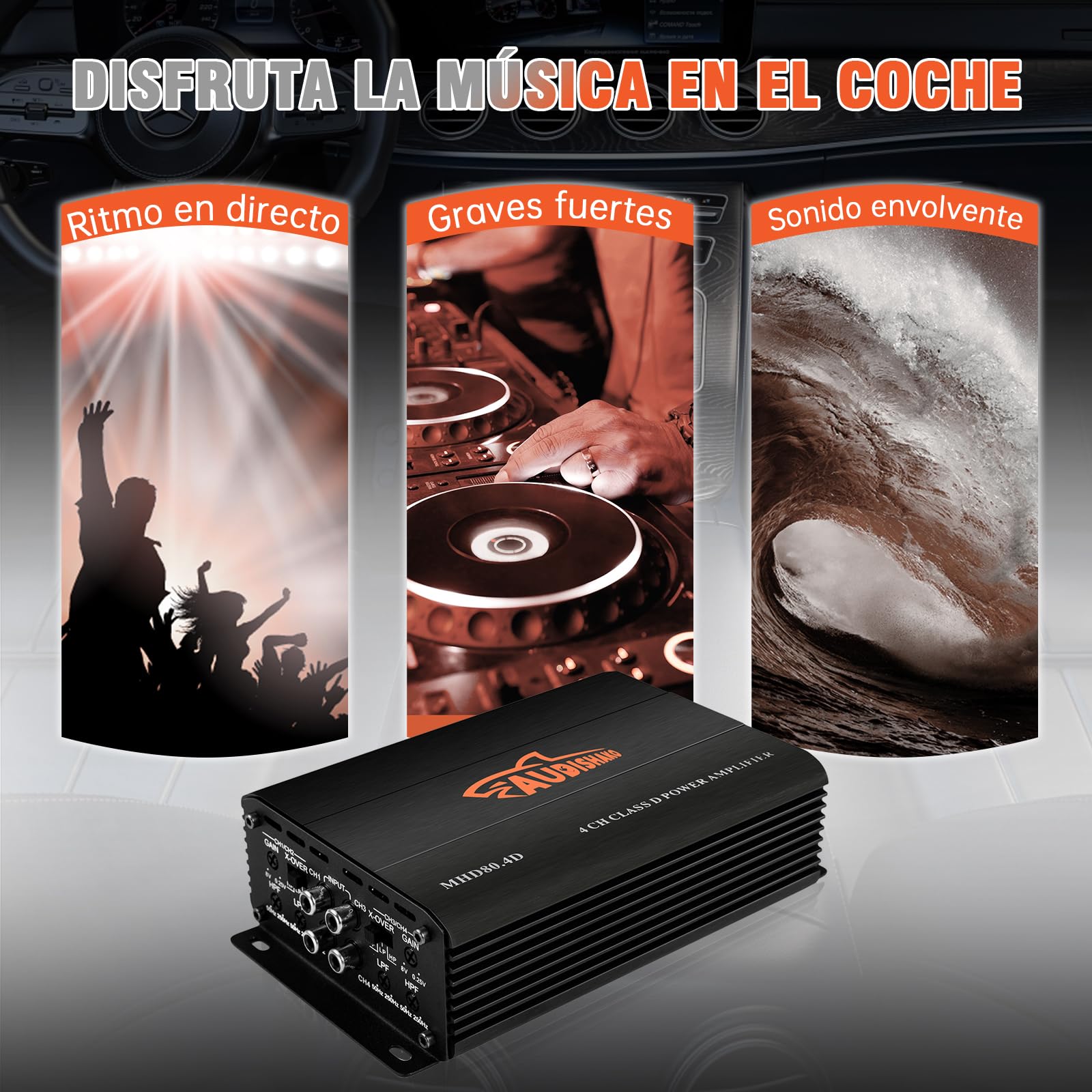 AUDISHAKO 1200W Amplificador de Audio de 4 Canales,Amplificador para Auto de Clase D, 2 Ohm 160W x 4 Canales para Motocicletas, Coches Deportivos y Otros Sistemas de Audio para Coche