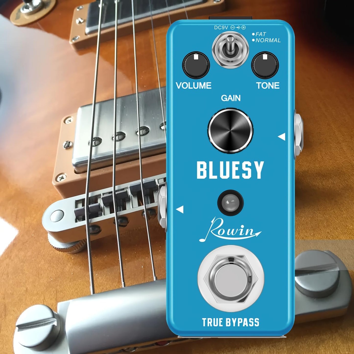 Rowin Distortion Bluesy Pedal: Overdrive clásico con modos cálido/caliente, True Bypass para guitarra eléctrica y bajo
