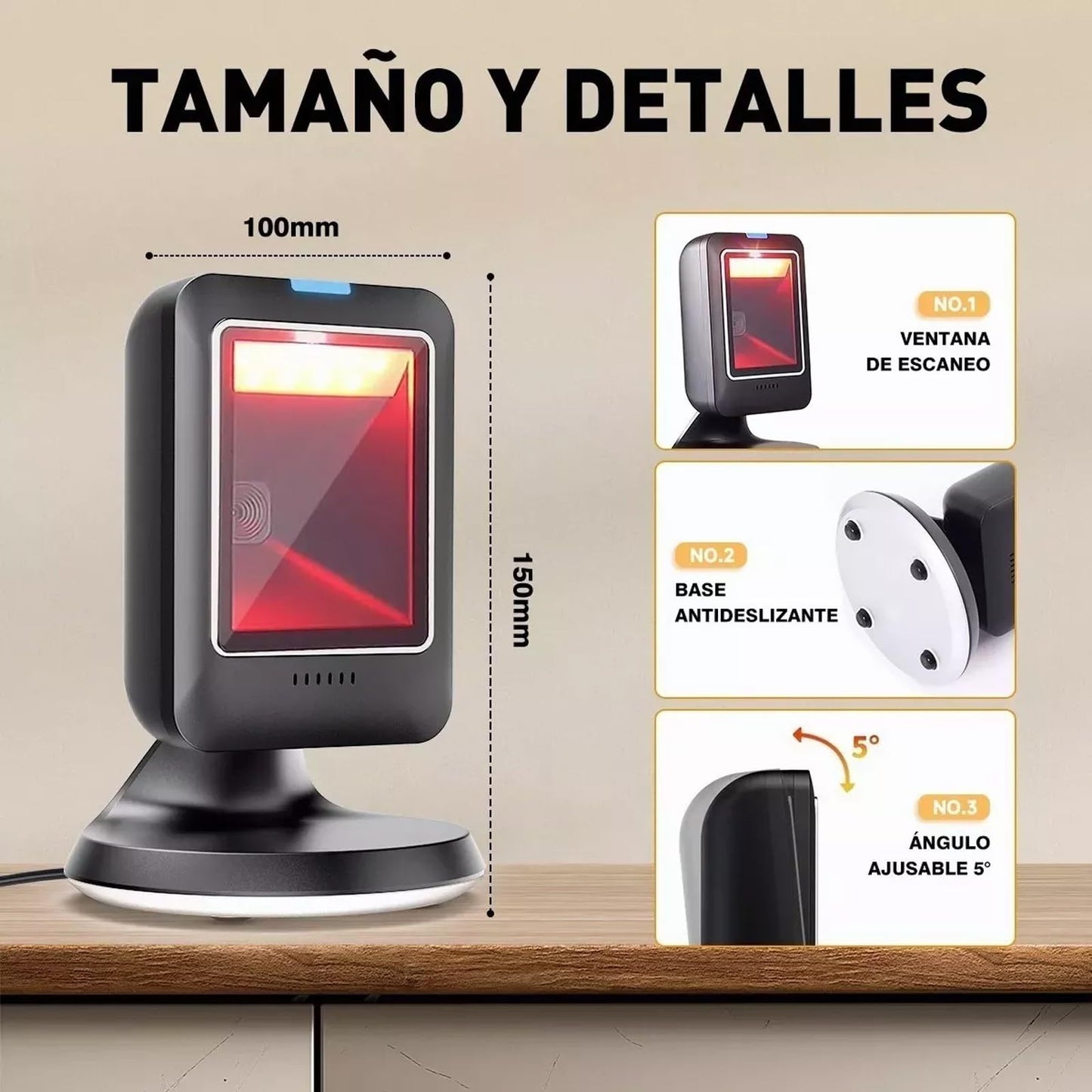 Escáner de Código de Barras de Escritorio 1D 2D QR, Lector de Código de Barras con Cable USB, Scanner Código de Barras Detección Automática de Imagen para Supermercado, Biblioteca, Tienda minorist