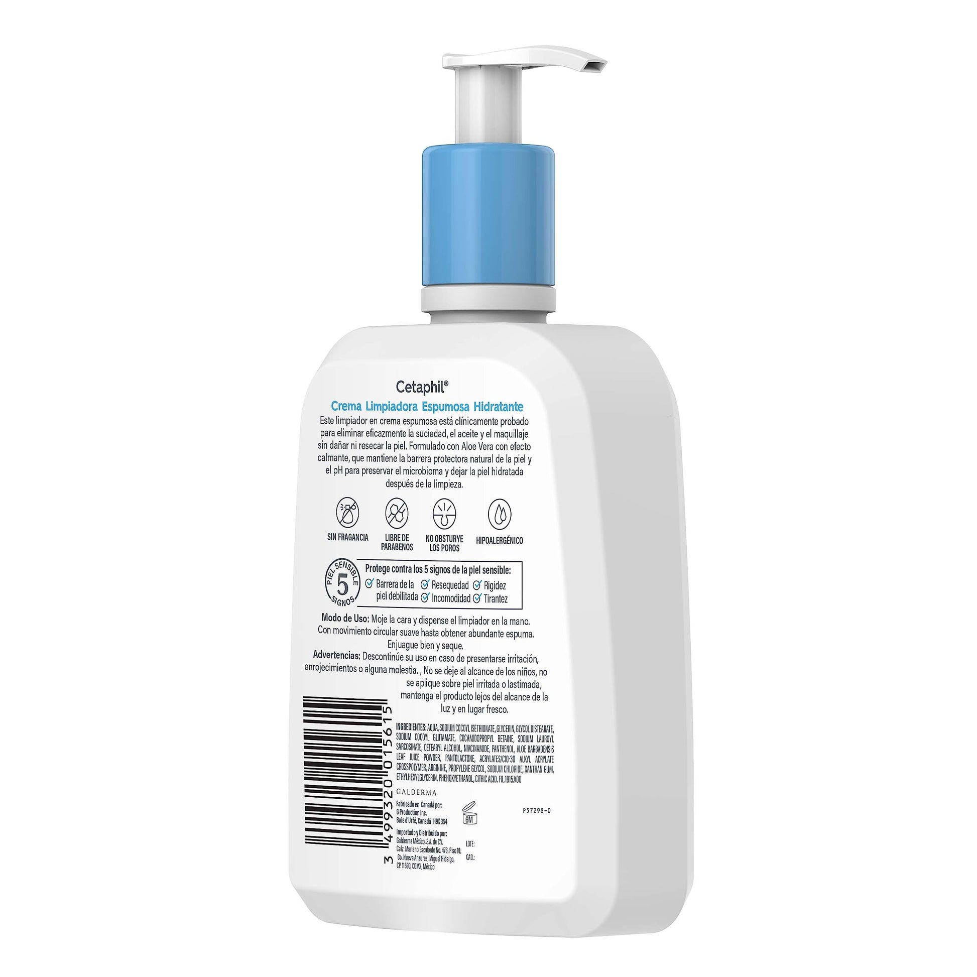 CETAPHIL Crema Limpiadora Espumosa Hidrantante, elimina la suciedad, aceite y maquillaje sin dañar la barrera de la piel, de 473 ml, Recomendada por Dermàtologos para Piel Sensible